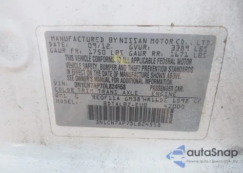 2013 Nissan Versa S/S Plus/Sv/Sl z USA, uszkodzony, nr VIN 3N1CN7AP7DL824558